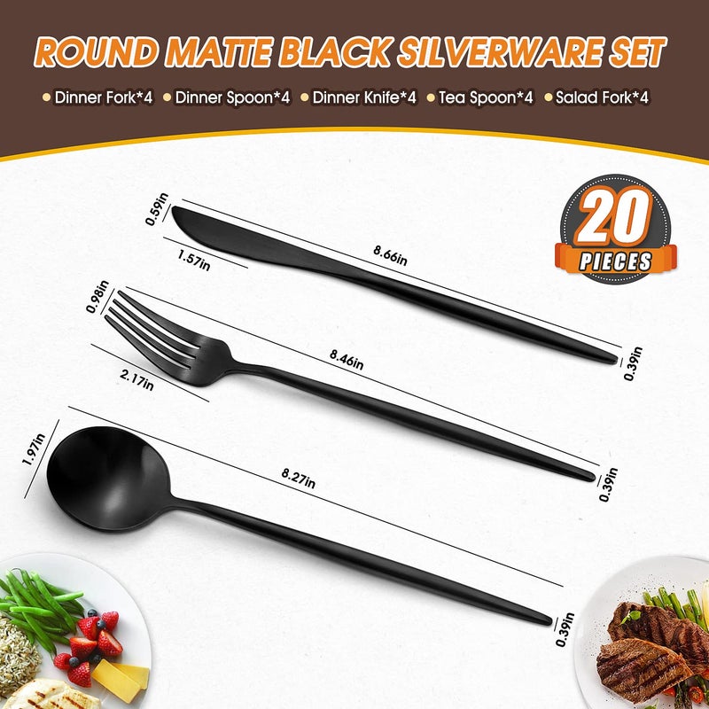 BEGEEL Matte Black Silverware Set,BEGEEL 20 Piece Stainless Steel Flatware Set,Service for 4,Satin Finish Tableware,Cutlery Sets,Utensil Sets for Kitchen and Home,Dishwasher Safe - Image 2